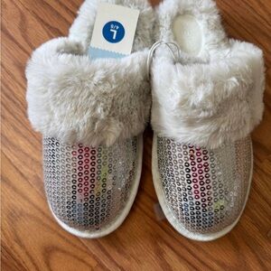 Silver Sequin Fur Slippers NWT